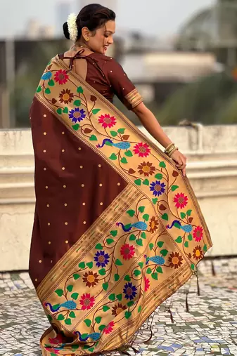 coffee paithani silk blend woven partywear saree