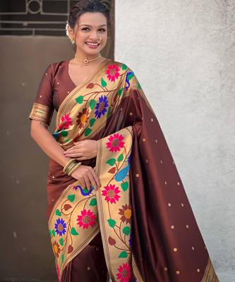 coffee paithani silk blend woven partywear saree 3