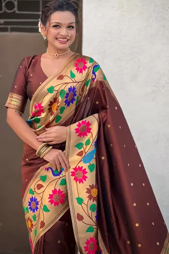 coffee paithani silk blend woven partywear saree