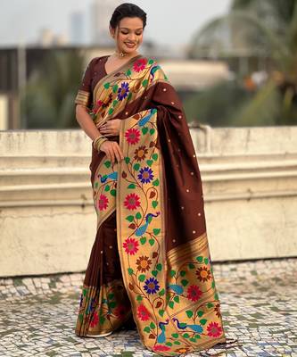 coffee paithani silk blend woven partywear saree 4