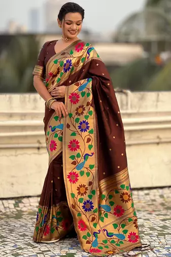 coffee paithani silk blend woven partywear saree