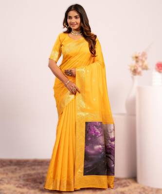Yellow extraordinary banarasi silk blend saree with resham peacock pallu 1