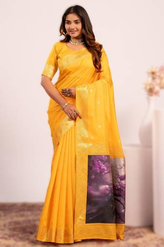 Yellow extraordinary banarasi silk saree with resham peacock pallu
