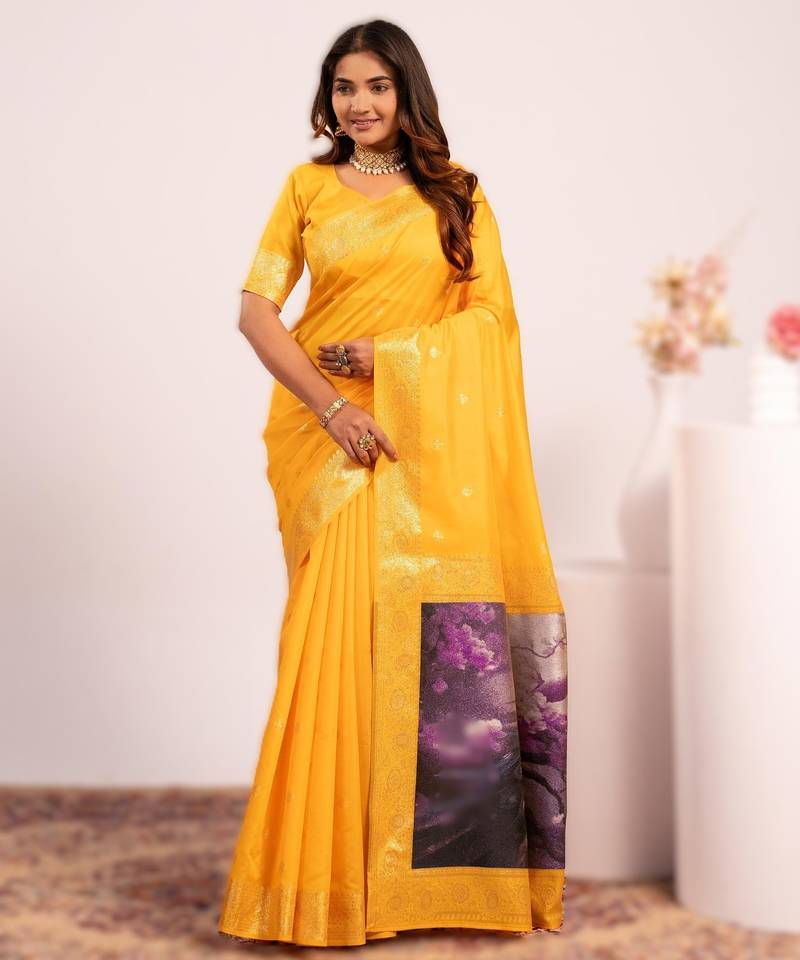Yellow extraordinary banarasi silk saree with resham peacock pallu