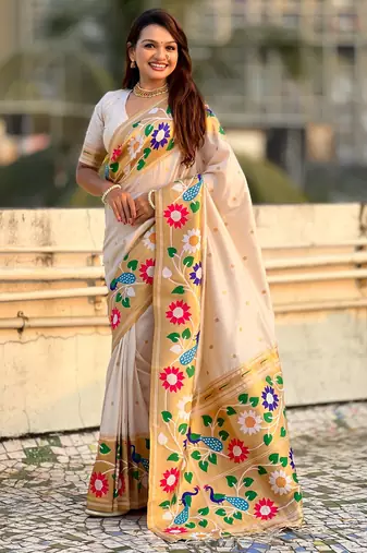 cream color paithani silk blend fabric woven designer partywear saree