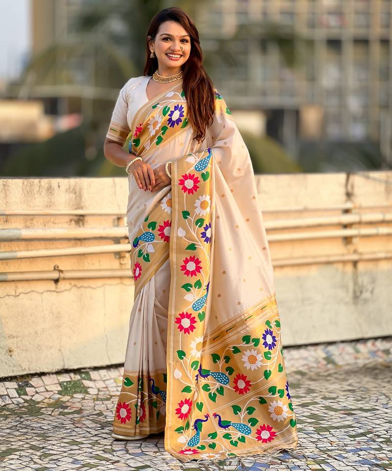 cream color paithani silk blend fabric woven designer partywear saree