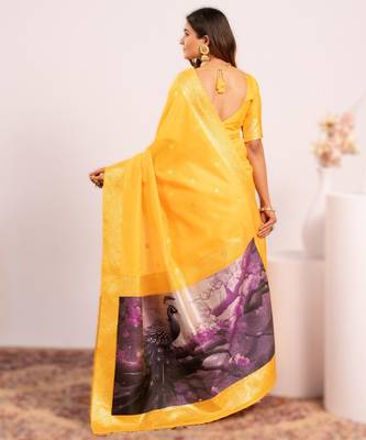 Yellow extraordinary banarasi silk blend saree with resham peacock pallu 2