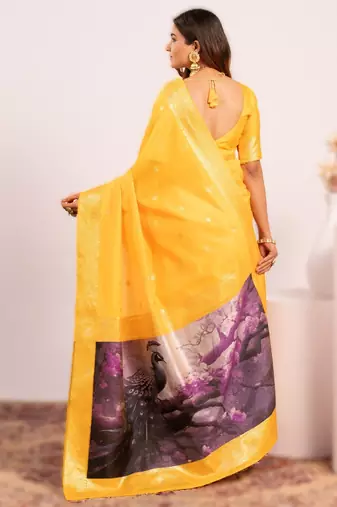 Yellow extraordinary banarasi silk blend saree with resham peacock pallu