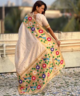cream paithani silk blend woven partywear saree 2