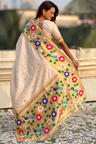 cream paithani silk blend woven partywear saree