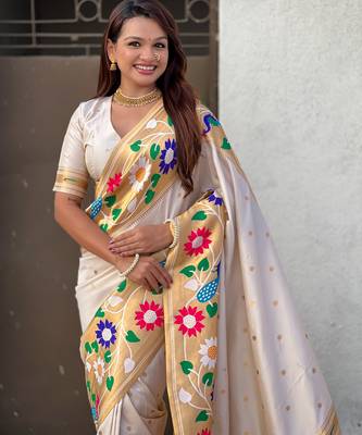 cream paithani silk blend woven partywear saree 3