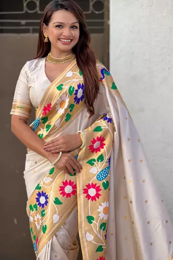cream paithani silk blend woven partywear saree