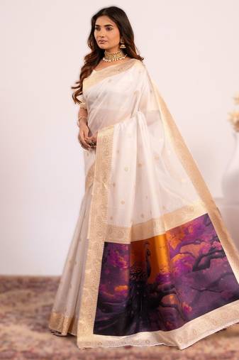 White extraordinary banarasi silk saree with resham peacock pallu