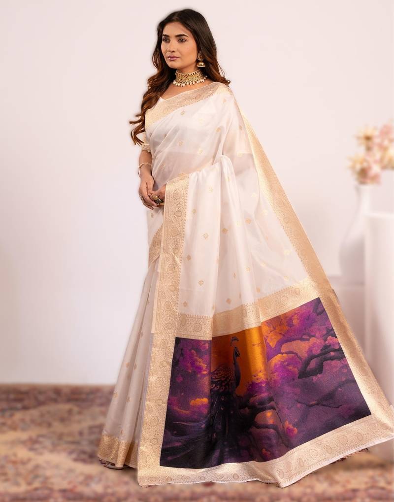White extraordinary banarasi silk saree with resham peacock pallu
