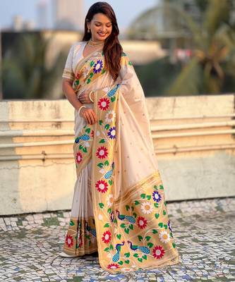 cream paithani silk blend woven partywear saree 4