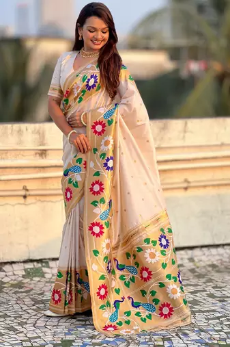 cream paithani silk blend woven partywear saree