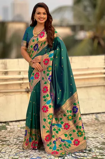 rama color paithani silk blend fabric woven designer partywear saree