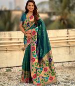 rama color paithani silk blend fabric woven designer partywear saree