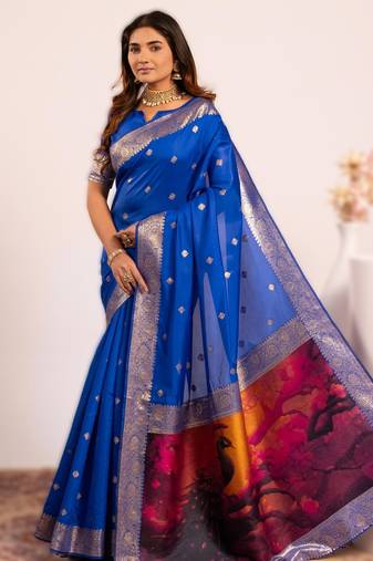 Royal blue extraordinary banarasi silk saree with resham peacock pallu