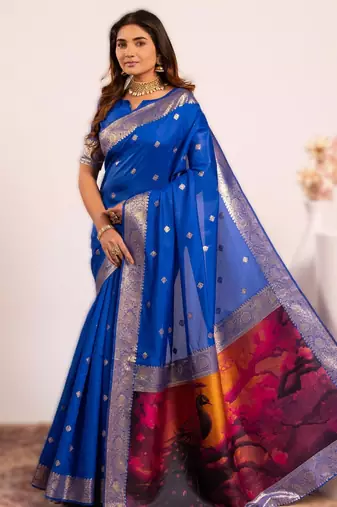 Royal blue extraordinary banarasi silk saree with resham peacock pallu