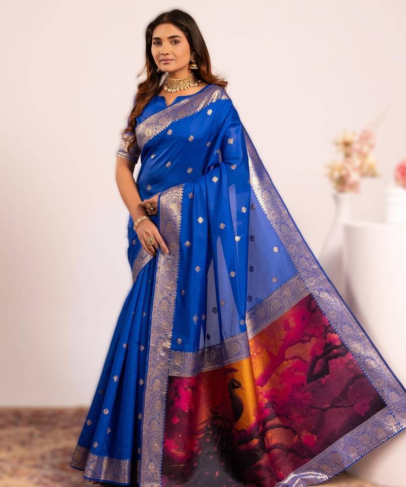 Royal blue extraordinary banarasi silk saree with resham peacock pallu