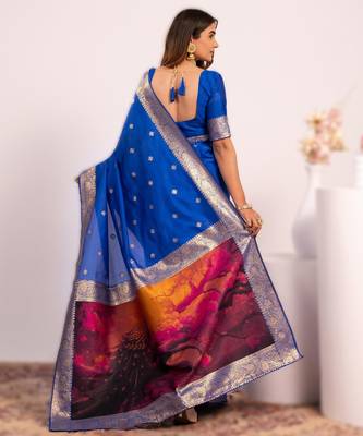 royal blue elegant pure satin weaving saree with matching satin blouse  soft shiny 2