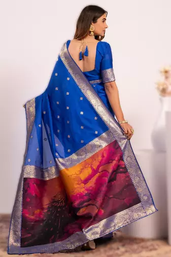 royal blue elegant pure satin weaving saree with matching satin blouse  soft shiny