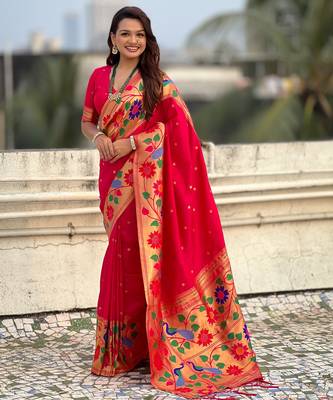 pink paithani silk blend woven partywear saree 1