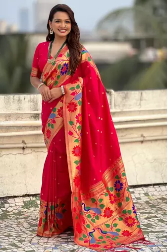 pink color paithani silk blend fabric woven designer partywear saree