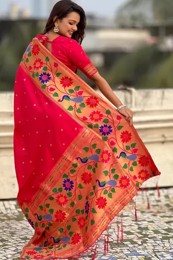 pink paithani silk blend woven partywear saree