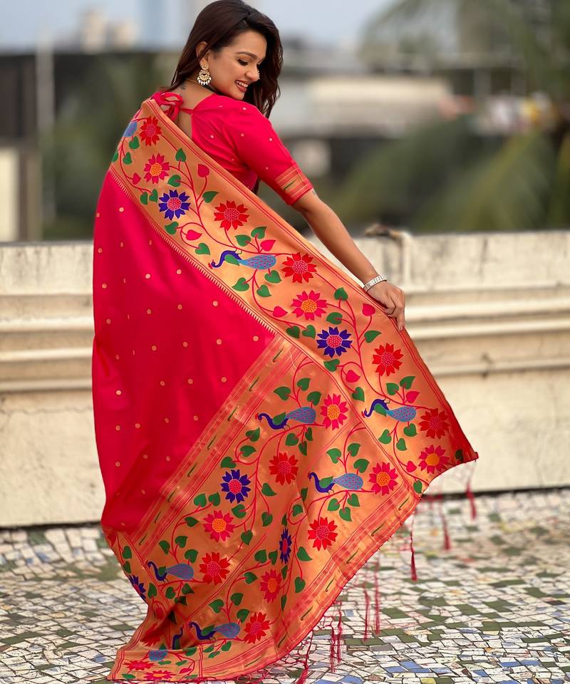 pink color paithani silk blend fabric woven designer partywear saree