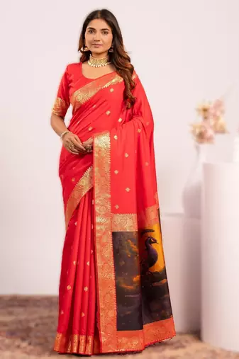 Red extraordinary banarasi silk saree with resham peacock pallu