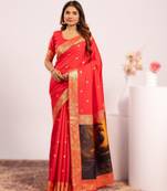 Red extraordinary banarasi silk saree with resham peacock pallu