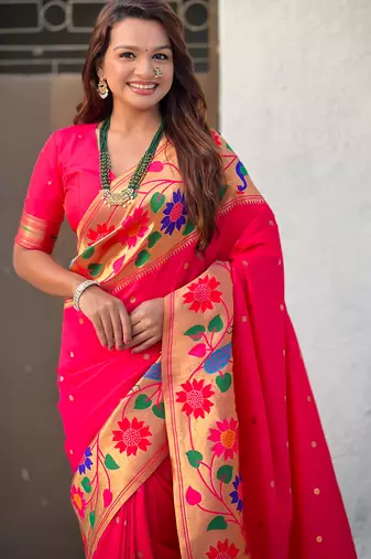 pink paithani silk blend woven partywear saree