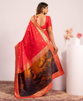 Red extraordinary banarasi silk blend saree with resham peacock pallu 2