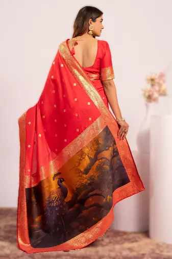Red extraordinary banarasi silk blend saree with resham peacock pallu