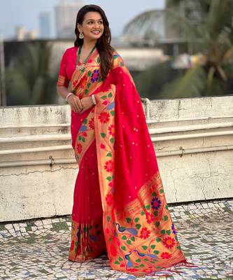 pink paithani silk blend woven partywear saree 4