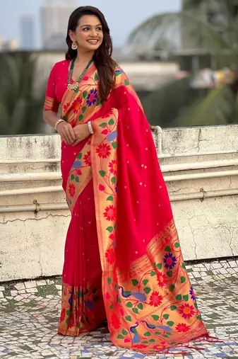 pink paithani silk blend woven partywear saree