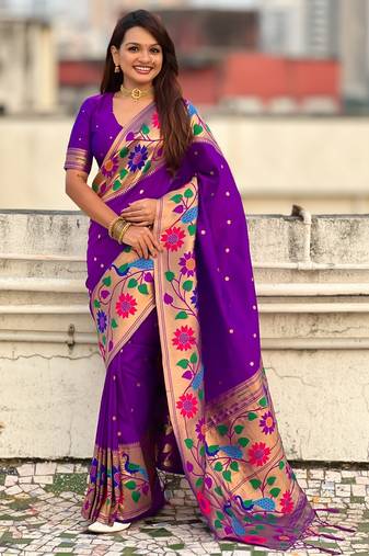 lavender color paithani silk blend fabric woven designer partywear saree
