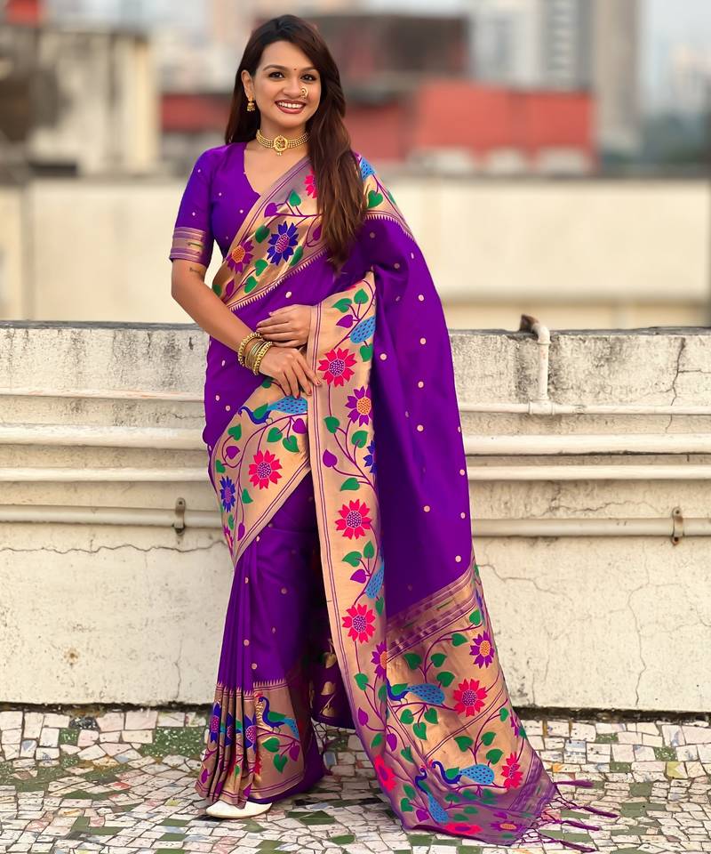 lavender color paithani silk blend fabric woven designer partywear saree