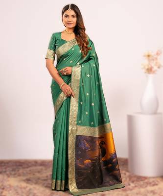 Parrot green extraordinary banarasi silk blend saree with resham peacock pallu 1