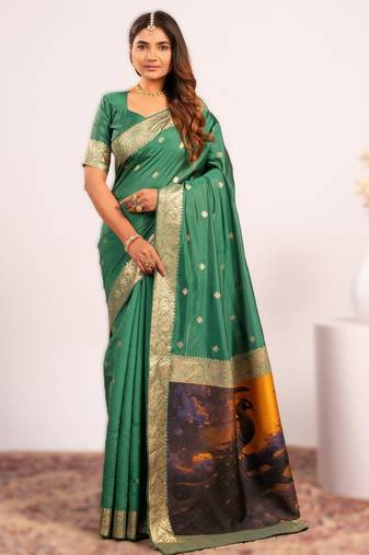 Parrot green extraordinary banarasi silk saree with resham peacock pallu
