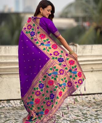 lavender paithani silk blend woven partywear saree 2