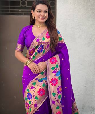 lavender paithani silk blend woven partywear saree 3