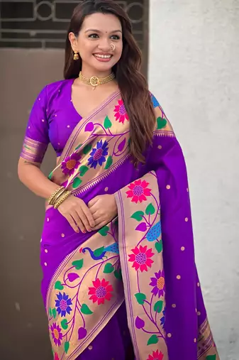 lavender paithani silk blend woven partywear saree