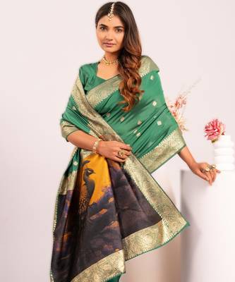 Parrot green extraordinary banarasi silk blend saree with resham peacock pallu 3