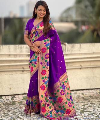lavender paithani silk blend woven partywear saree 4