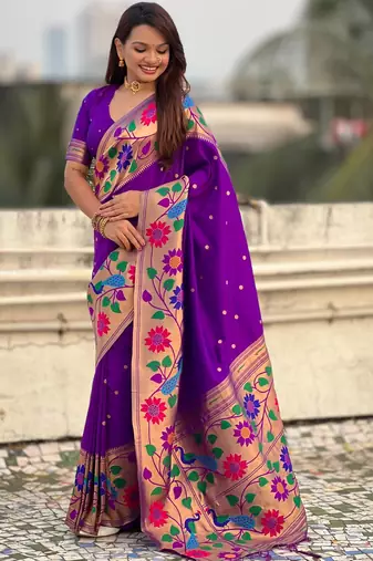 lavender paithani silk blend woven partywear saree