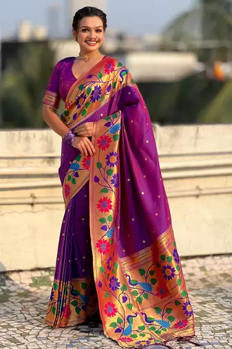 purple color paithani silk blend fabric woven designer partywear saree
