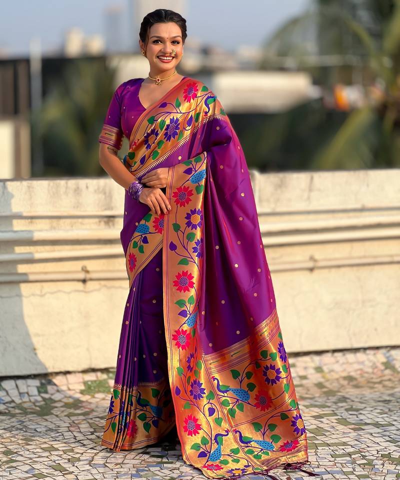 purple color paithani silk blend fabric woven designer partywear saree